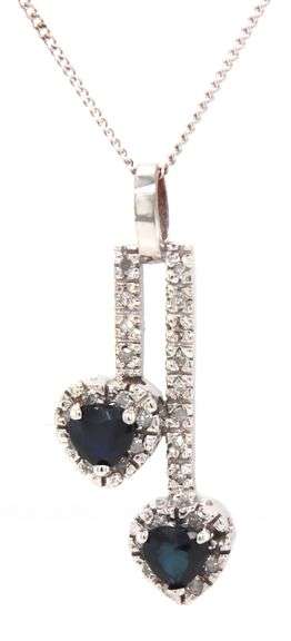 10kt White gold double heart sapphire and diamond bar pendant