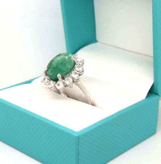 Sparkling 6.50CTS Oval Emerald-Cut Emerald & Sapphire Ring in Sterling Silver