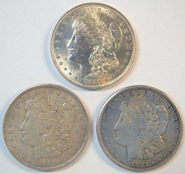1921 P-D-S Morgan Silver Dollars. Last year of issue for Morgans
