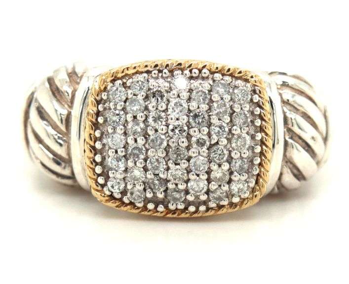 925 Sterling silver Effy 2 tone Pave diamond cushion shaped ring