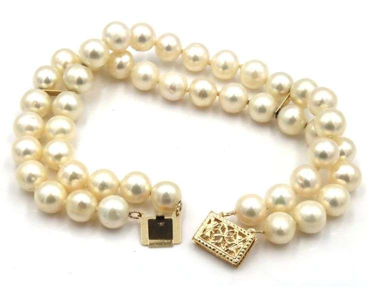 Double row 8mm pearl bracelet in 14kt yellow gold