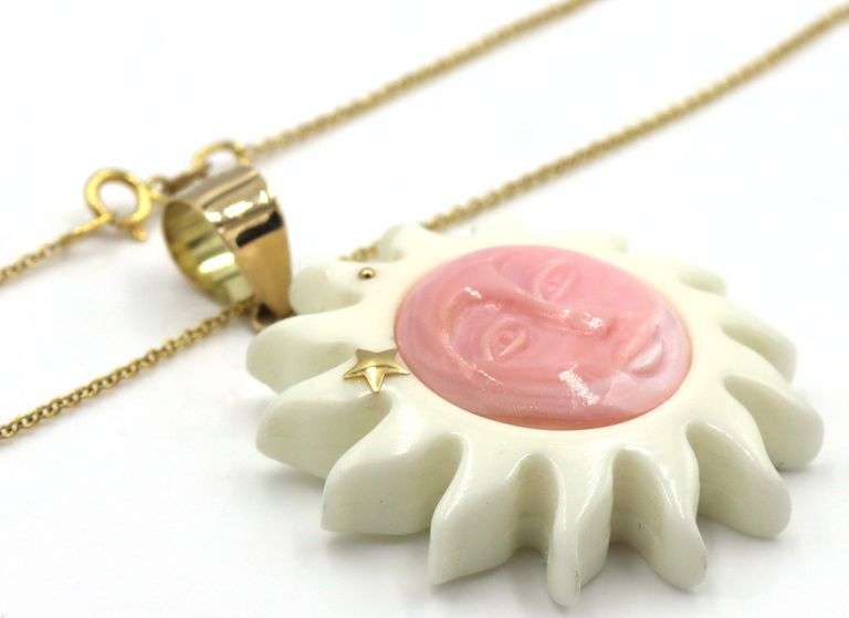 14kt Yellow gold Smiling white and pink sun pendant on chain