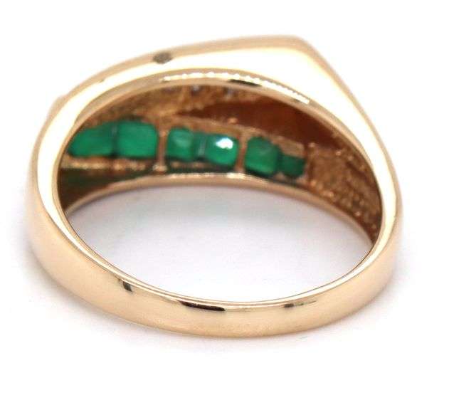 14kt Yellow gold square emerald and diamond bypass ring