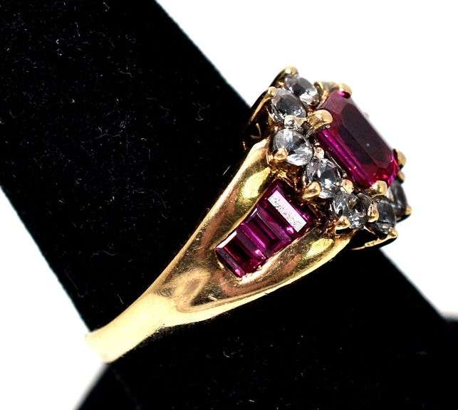 Classic 10K Yellow Gold Synthetic Ruby Gemstone Ring with Diamond Accents