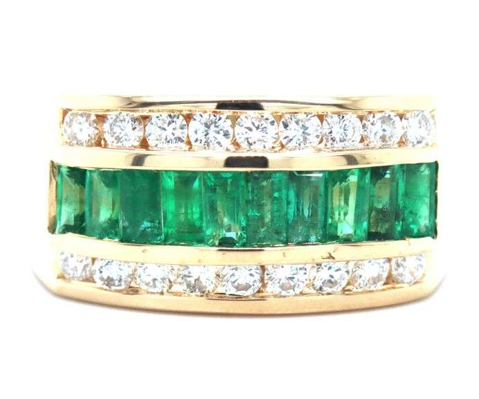 14kt Yellow gold emerald and diamond three row ring