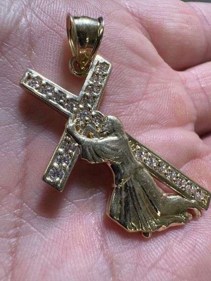 10K Yellow Gold Jesus & the Cross w/ Clear CZ's Pendant