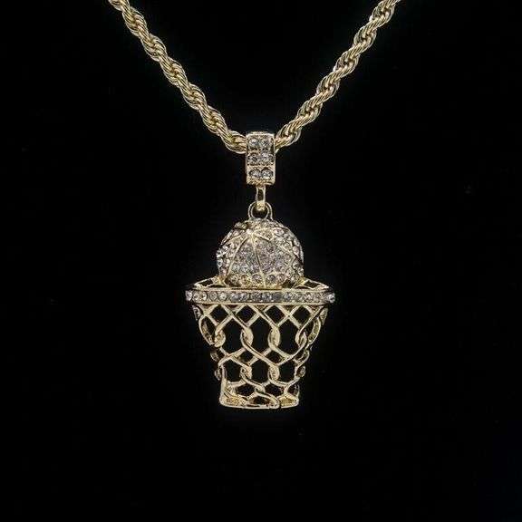 14 Kt Yellow Gold Plated Basketball Hoop Pendant Necklace