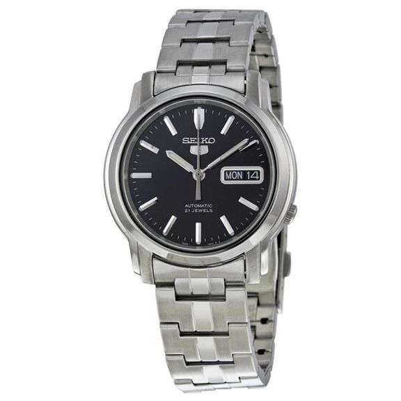 Seiko 5 Automatic Men's Watch Black Dial Skeleton Back Stainless Steel Bracelet