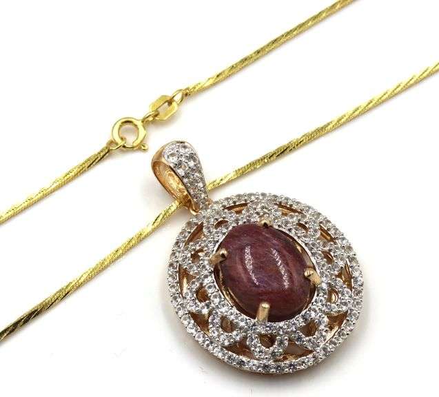 Fabulous Natural No Heat 13.00CTS Oval Cabochon-Cut Star Ruby & 2.45CTW Round Sapphire Pendant Neckl