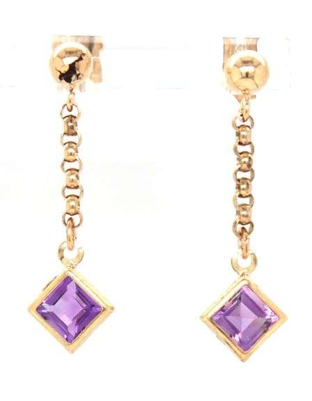 14kt Yellow gold square Amethyst chain drop earrings