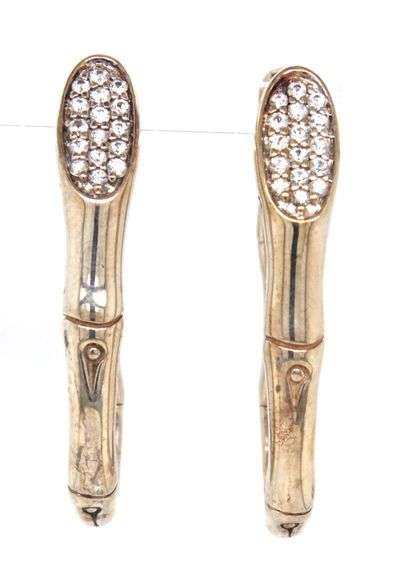 925 Sterling silver John Hardy 2 bamboos white sapphire huggie earrings