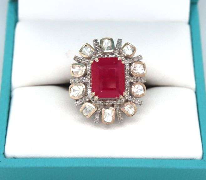 Charming 5.25CTS Emerald Cut Ruby & Diamond Halo Adjustable Ring in Sterling Silver
