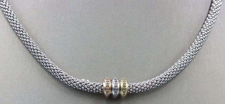 925 Sterling silver Tri color Mesh collar necklace with diamonds