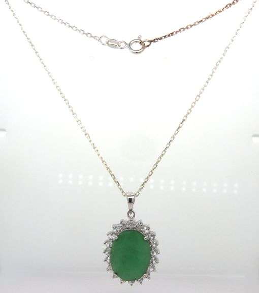 Endearing 6.59CTS Oval Faceted Natural Emerald & 2.25CTW White Sapphire Pendant Necklace in Sterling