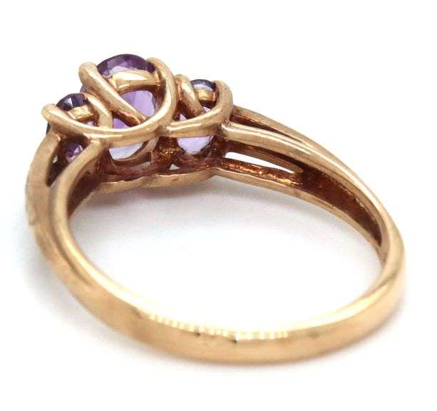 10kt Yellow gold 3 stone Amethyst and diamond ring