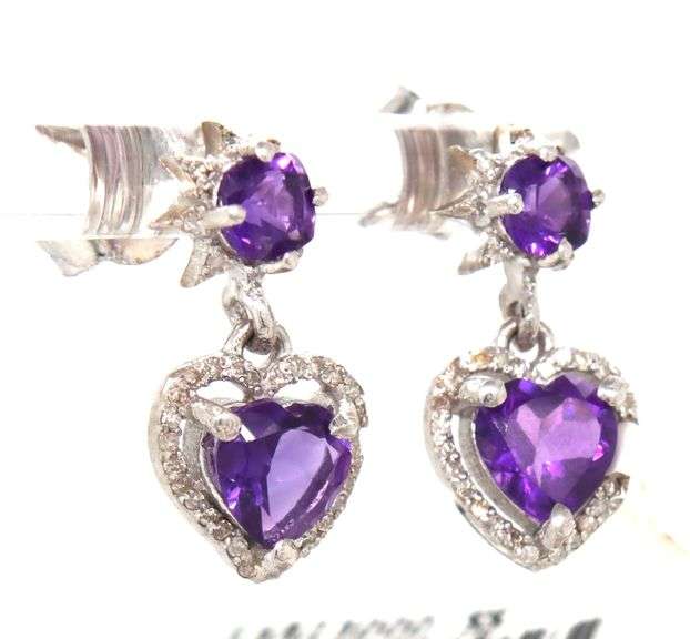 Darling Heart Shaped Faceted Amethyst & Diamond Earrings in Sterling Silver