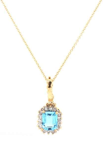 14kt Yellow gold Emerald cut blue topaz and diamond halo enhancer pendant on chain