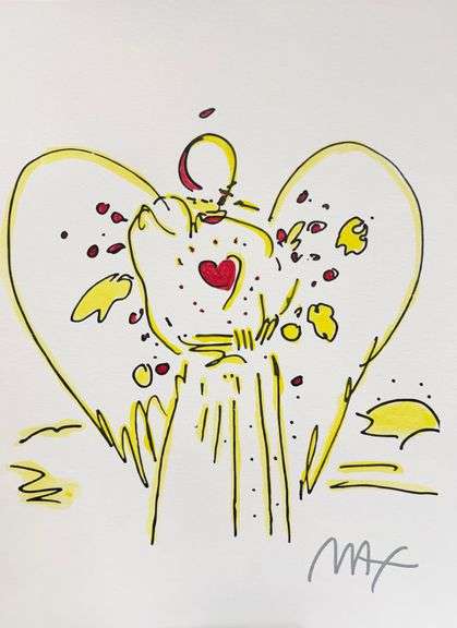 Rare Peter Max Original Mixed Media with Watercolor 'Angel with Heart', c. 1989
