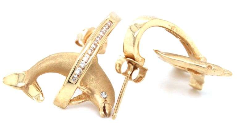 14kt Yellow gold 0.35ctw diamond dolphin jumping through hoop earrings