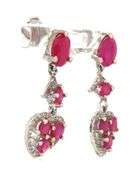 Charming Heart Shaped 4.9CTW Ruby & Diamond Dangle Earrings in Sterling Silver