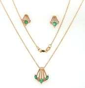 14kt Yellow gold marquise and pear shaped emerald and diamond fan pendant on chain and matching earr