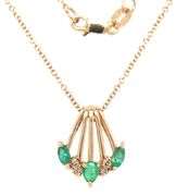 14kt Yellow gold marquise and pear shaped emerald and diamond fan pendant on chain and matching earr