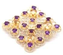 14kt Yellow gold round amethyst and oval citrine and diamond Filigree square brooch