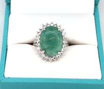 Sparkling Large 11.00CTS Oval Faceted Natural Emerald & White Sapphire Ring in Sterling Silver