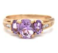 10kt Yellow gold 3 stone Amethyst and diamond ring