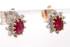 14kt Yellow gold oval ruby and diamond stud earrings