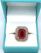 Gorgeous Massive 13.20CTS Emerald-Cut Ruby & 1.10CTW Diamond Ring in Sterling Silver