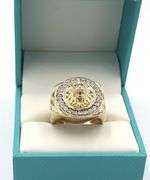 14kt Yellow gold Illusion set diamond halo lion ring with ruby