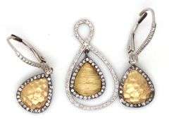Stylish 14K W&Y Earring & Pendant Suite with Diamonds