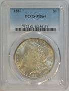 Frosty-white nearly Gem BU 1887 Morgan Silver Dollar. PCGS MS64