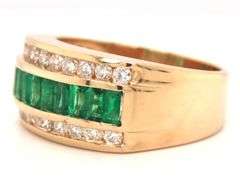 14kt Yellow gold emerald and diamond three row ring