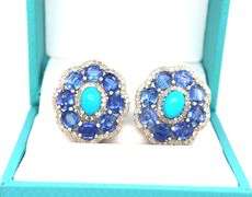 Adorable Pair of Cabochon-Cut Turquoise, Faceted Kyanite & Diamond Flower Style Earrings in Sterling