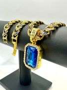 Dazzling 14 K Yellow Gold Plate Simulated Blue Tanzanite Chain Pendant Necklace