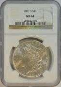 Fully struck near Gem BU 1881-S Morgan Silver Dollar. NGC MS64