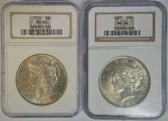 Near Gem BU 1923 & 1925 Peace Silver Dollars. Old NGC MS64