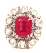 Charming 5.25CTS Emerald Cut Ruby & Diamond Halo Adjustable Ring in Sterling Silver