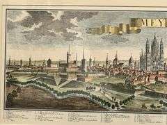 Antique “MEYLAND” Panoramic City View Engraving Hand Colored European Landscape Print, Framed