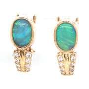 14kt Yellow gold double oval opal and diamond earrings