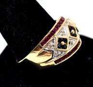 Colorful 14K Yellow Gold Sapphire, and Ruby Gemstone Ring with Diamond Accents