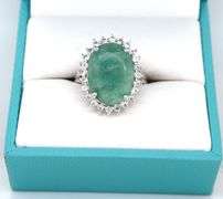 Sparkling Large 11.00CTS Oval Faceted Natural Emerald & White Sapphire Ring in Sterling Silver