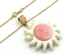 14kt Yellow gold Smiling white and pink sun pendant on chain