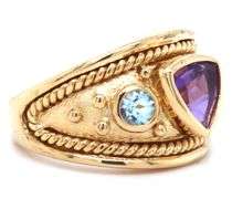18kt Yellow gold bezel set Trillion amethyst, round aquamarine rope style Etruscan ring