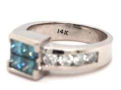 14kt White gold 1.20ctw IR blue and white square and round diamond ring