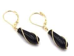 14kt Yellow gold teardrop black onyx twisted rope chain around dangle earrings