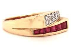 14kt Yellow gold square ruby and diamond bypass ring