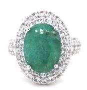 Dazzling 6.00CTS Oval Faceted Emerald & White Sapphire Ring in Sterling Silver